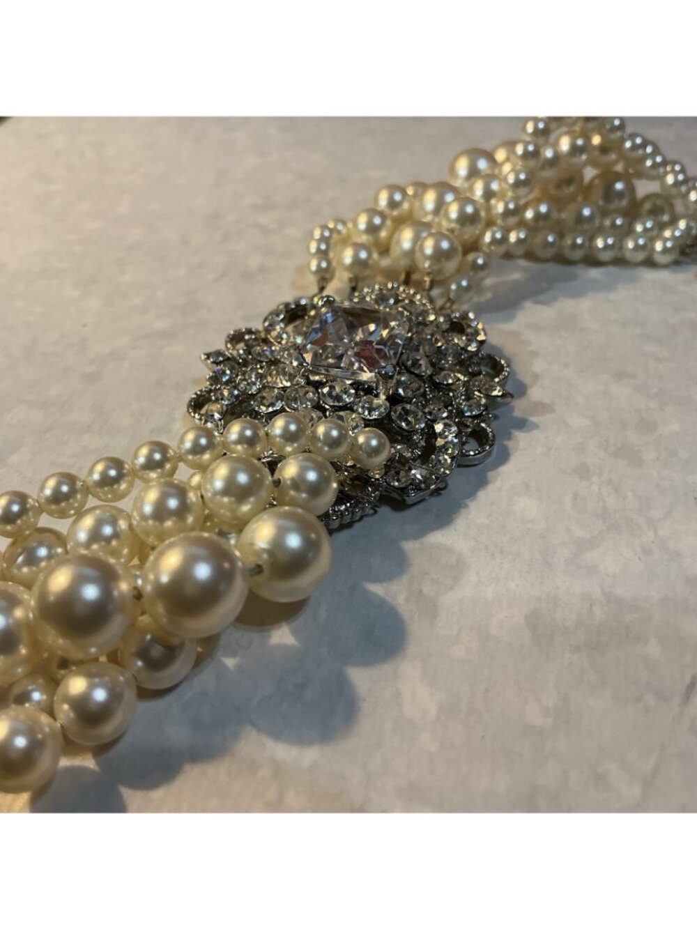 Bridal Bracelet 5-Strand Simulated Pearl Sterling Silver Clasp Crystal CZ Center